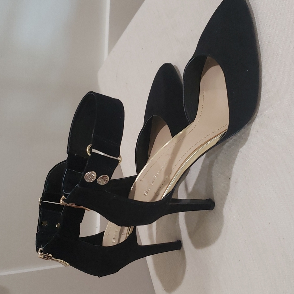 BCBG black suede pumps with ankle straps size 7